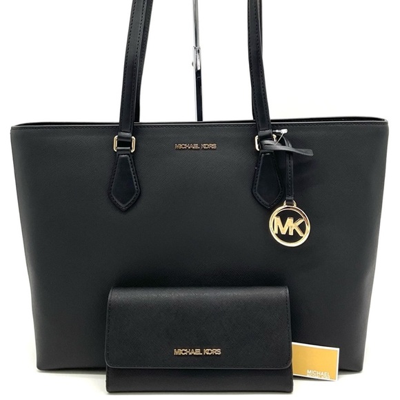 Michael Kors Handbags - Michael Kors Bag Large Sheila Mf Tote Bag & Large Trifold Wallet Black/Gold
